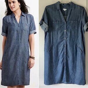 J. JILL Linen Blend Chambray Shirt Dress Relaxed Button Front Split Collar Blue